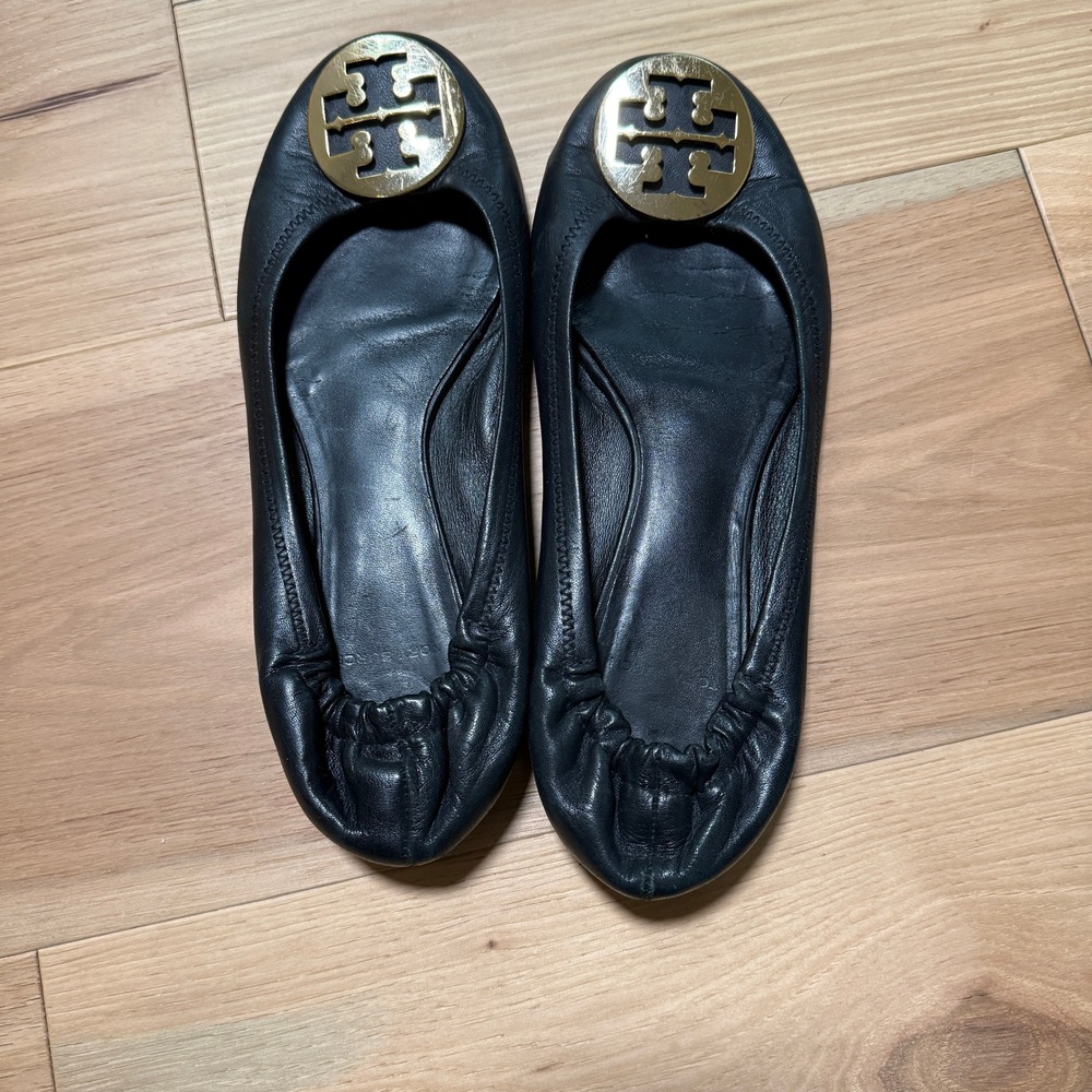 Tory Burch Minnie Travel Ballet Flats Womens 9.5 Black Gold Logo Medallion